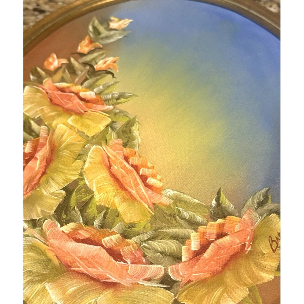 Vintage Original Oval Framed Oil Painting Signed By Artist Julia Floral Roses - Picture 5 of 8